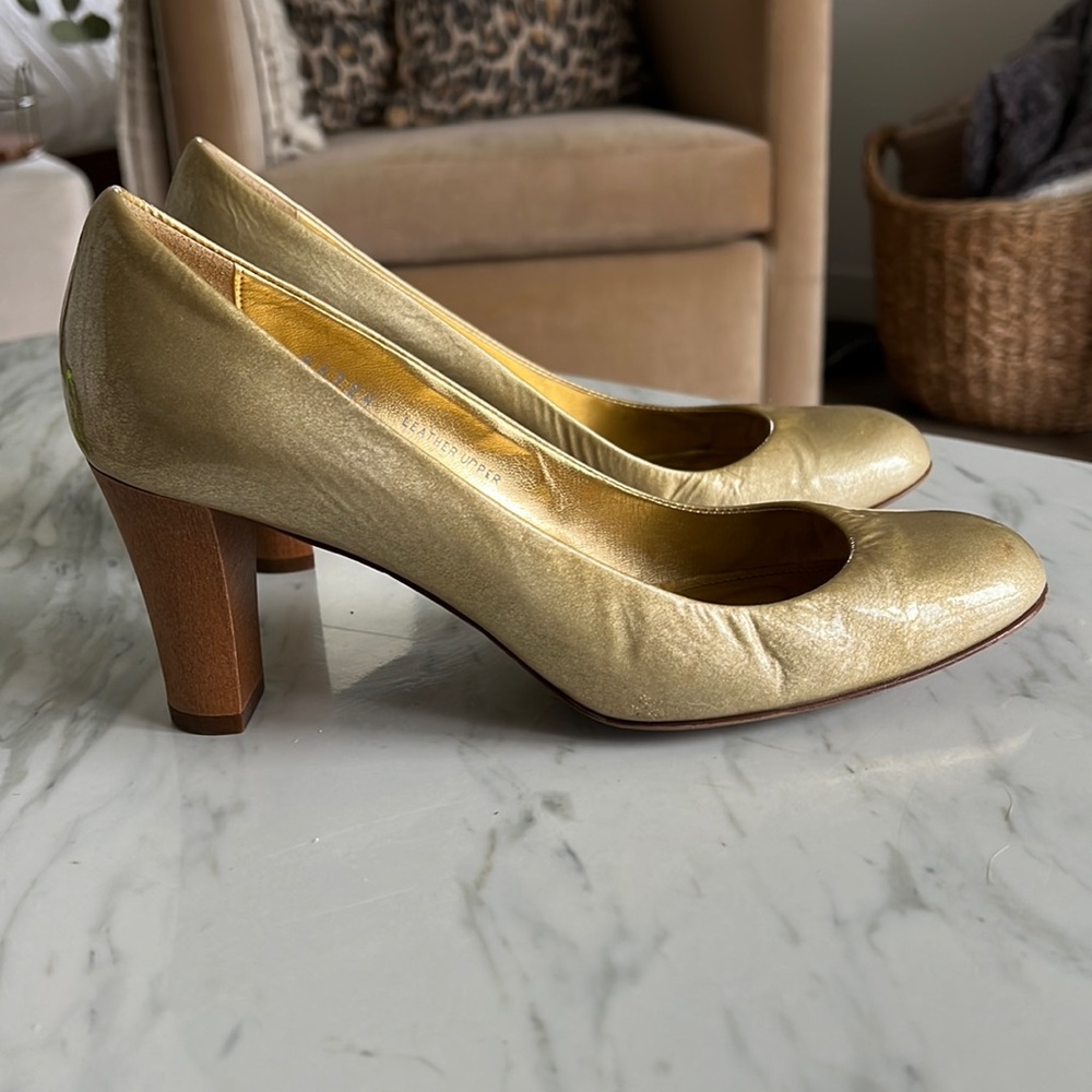 J Crew Gold Patent Leather Wood Heeled Pump
